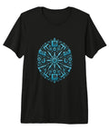 Premium Tri-Blend Crew Neck T-Shirt For Machinist And CNC Tool Lovers With Cool Vise Gauge Square Design, black with blue gear pattern.