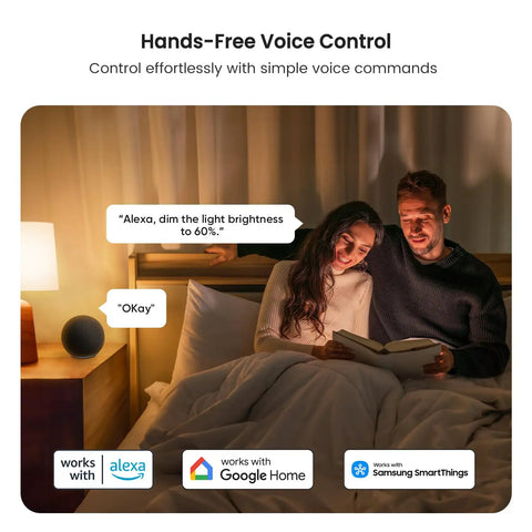 Couple in bed using voice control with Four Pack Smart LED Bulbs 2.4GHz WiFi Tunable White 2500K To 6500K Dimmable 800 Lumens E26 A19