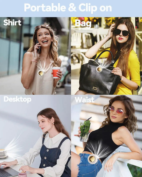 Clip On Mini Bladeless Fan Portable Silent USB Desk And Outdoor Cooler Small Clip for shirts, bags, and belts in use