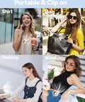 Ultra Quiet Mini Bladeless Portable Neck Fan With Hands Free Clip shown clipped to shirt, bag, desktop, waist