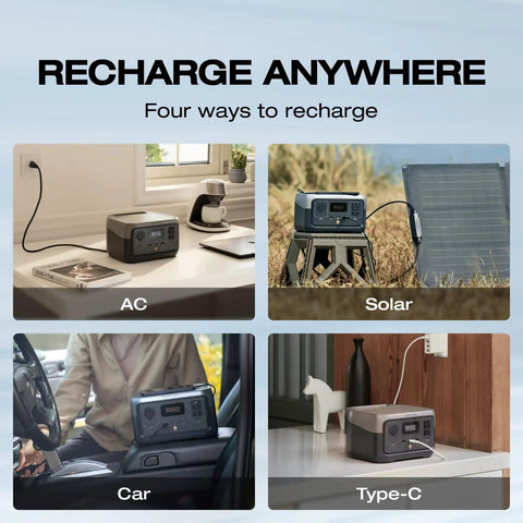 River 2 Portable Power Station 256Wh LiFePO4 Battery With 1 Hour Fast Charging shown charging via AC, solar, car, and Type-C.