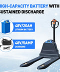 Heavy Duty Electric Pallet Jack With 4400 Lbs Capacity, Lithium-Ion Battery Powered Motorized Forklift Truck showcasing battery specs.