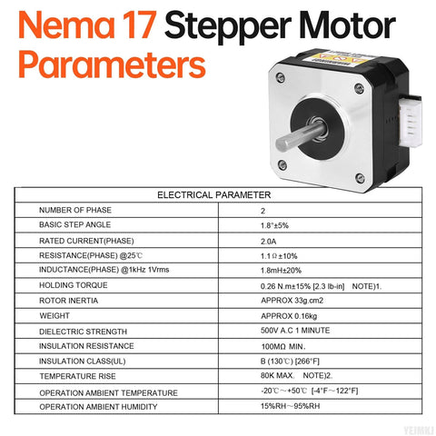 Front view of a NEMA 17 two-phase bipolar stepper motor with square faceplate, protruding shaft, and white side connector.