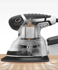 Electric Detail Sander With 12-Piece Sandpaper Set 60 80 100 120 Grit 14,000 OPM Handheld Woodworking Sander mechanism exposed.