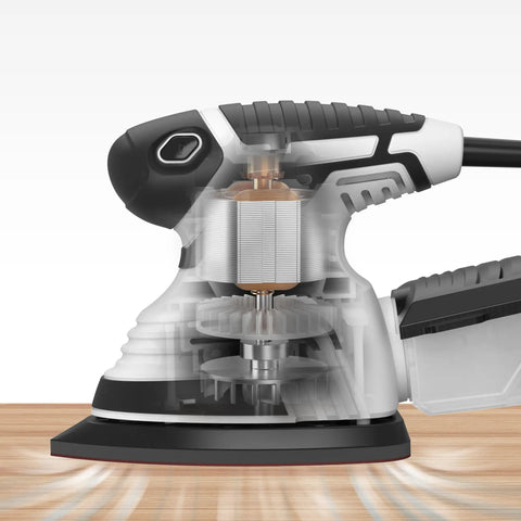 Electric Detail Sander With 12-Piece Sandpaper Set 60 80 100 120 Grit 14,000 OPM Handheld Woodworking Sander mechanism exposed.