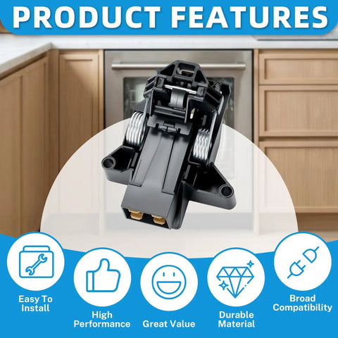 Premium Dishwasher Door Latch Assembly Replacement For Kenmore Frigidaire Electrolux Part Number 5304525218 154543901 5304516818 close-up with features.
