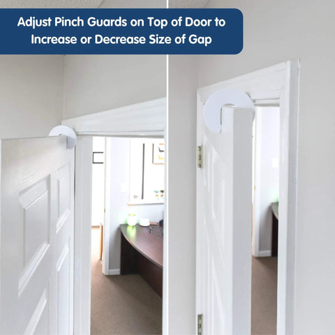 Soft EVA Foam Finger Pinch Guard Door Stopper 4 Pack in place on top of a white door, showing baby proofing function in a home setting