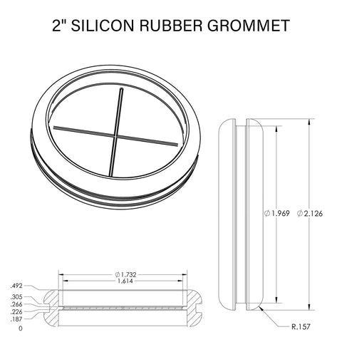 Five Pack Rock Solid Rubber Grommets For Plastic Electrical Enclosures Fits Two Inch Top Knockout Holes diagram with dimensions.
