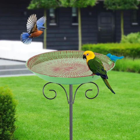 Durable 10 Inch Standing Metal Bird Bath With Stake Outdoor Garden Feeder Bowl Vintage Green Yard Decor For Patio And Lawn