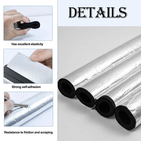 Close-up of 4 Pack Self Adhering Exterior Pipe Insulation Tubes with Aluminum Foil, showing elasticity and self-adhesion.