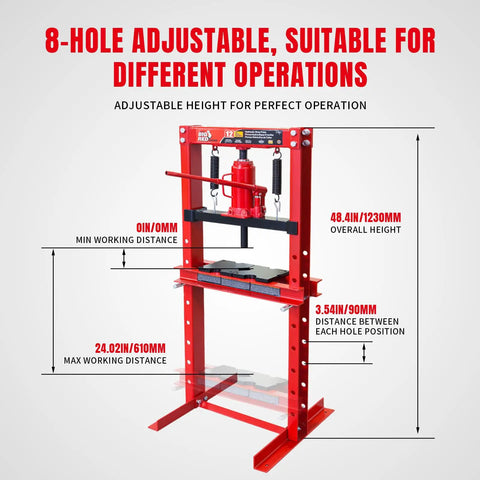 Heavy Duty H-Frame Hydraulic Floor Press for Garage and Shop, 12 Ton Capacity, 24,000 Lb, adjustable height details