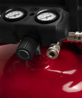 Close-up of the pressure gauge and control knob of the Smooth Operator 33 Gallon Air Compressor with an oil-free pump.