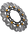 Drop In 300Mm Front Brake Disc Rotor With Stainless Steel Floating Design And Wavy Cooling Ribs For Rock Solid Stopping Power On 2017 To 2025 Dirt Bikes Featuring Cnc Aluminum Hub In Gold, angled view showing wavy ribs and yellow accents.