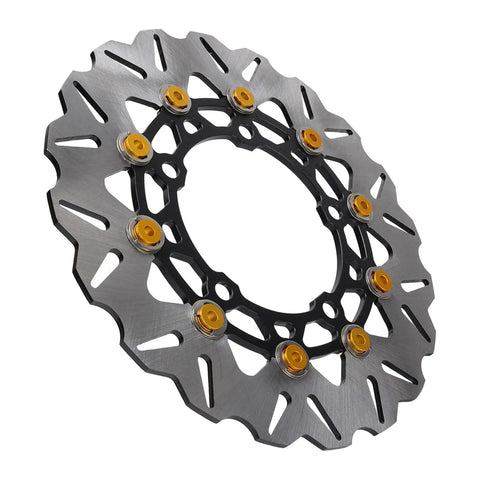 Drop In 300Mm Front Brake Disc Rotor With Stainless Steel Floating Design And Wavy Cooling Ribs For Rock Solid Stopping Power On 2017 To 2025 Dirt Bikes Featuring Cnc Aluminum Hub In Gold, angled view showing wavy ribs and yellow accents.