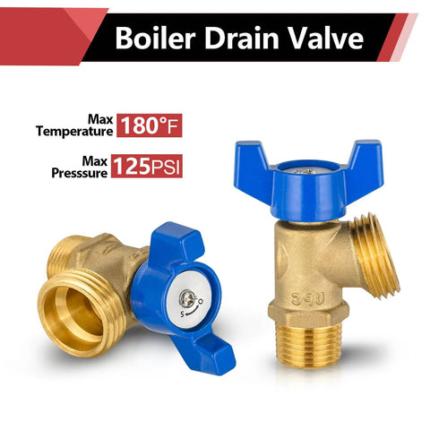 Two brass boiler drain valves with blue 1/4-turn handles, 1/2 in MIP x 3/4 in MHT (2-pack)