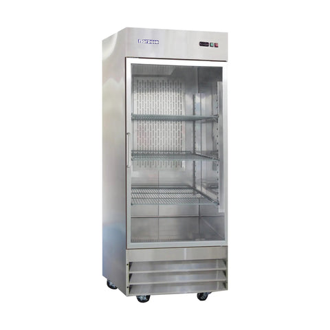 Built Different Heavy Duty Commercial Single Glass Door Refrigerator Featuring 23 Cubic Feet Of Legit Cold Storage Capacity With Rock Solid Digital Temp Controls And Stainless Steel Finish For Any Business, front view.