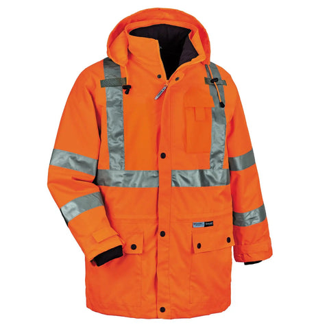 GloWear 8385 ANSI Class 3 High Visibility 4-in-1 Reflective Safety Jacket With Removable Sleeves Orange 4XL, Weatherproof 300D Oxford Shell, 3M Scotchlite 2-Inch Reflective Tape, Storm Front YKK Zipper.