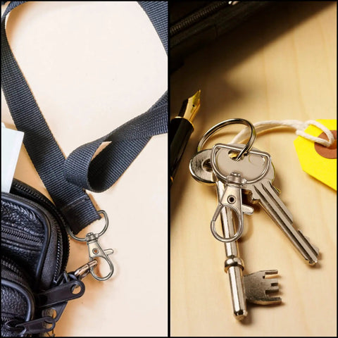50 Piece Rock Solid Zinc Alloy Keychain Clips And D Ring Lanyard Hooks With Swivel Lobster Clasps on bag strap and keys.
