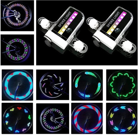 2 Pack Waterproof LED Bike Wheel Spoke Lights For Night Rides With 30 Pattern Modes displayed on black background