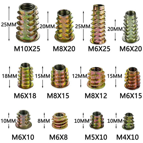 265 Piece Zinc Alloy Screw Nut Inserts Set For Wood Furniture 12 Sizes With Hex Socket Drive, showing different size options.