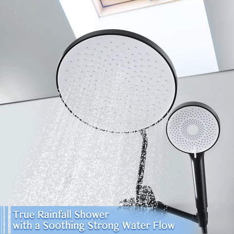 High Pressure Rainfall Shower Head With Handheld Combo Kit 12 Inch Extension Arm Matte Black Housing White Panel