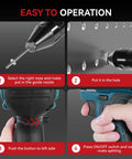 Onevan Cordless Electric Rivet Gun With Two 20 Volt Batteries And Fast Charger Brushless Motor showing operation steps for rivet fastening.
