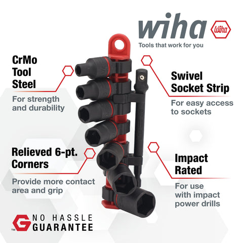 8 Piece 3/8 Inch Drive SAE Impact Socket Set With Heavy Duty Heat Treated Steel on swivel strip with CrMo tool steel.