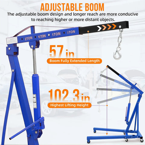 2 Ton Hydraulic Engine Hoist Cherry Picker 4000 Lbs Load Capacity Blue Heavy Duty with adjustable boom at 57 in and 102.3 in lifting height.