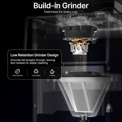 Close-up of the built-in grinder in Compact Automatic Coffee Maker With Built In Grinder, programmable design for fresh coffee.
