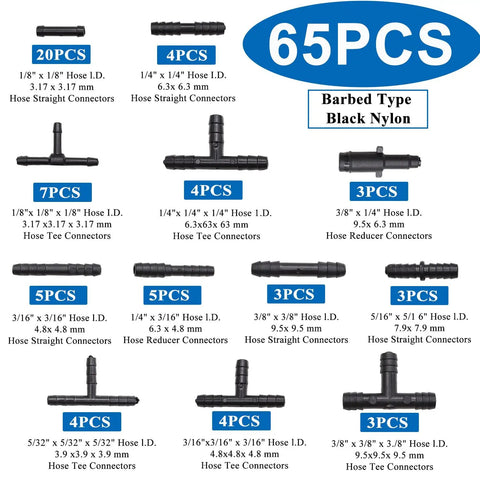 65 piece nylon connectors for Silicone Vacuum Hose Kit For Cars with varied size illustrations