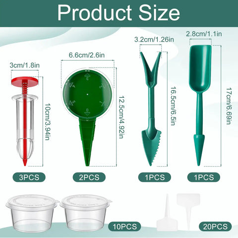 Seven Piece Mini Seed Spreader Set With Handy Handheld Seed Sower Dispensers Dibber And Widger Plus Clear Seed Storage Boxes And Plant Labels For Tiny Seeds Garden Tool Kit For Easy Sowing shown with product sizes.