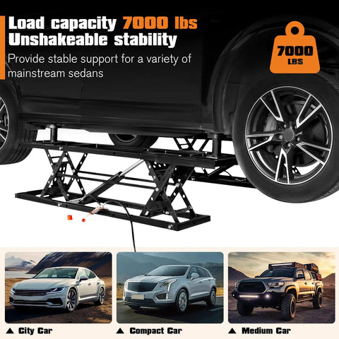 Portable Car Lift 7000 Lbs Heavy Duty Quick Jack With 28 Inch Max Height Locking Levers And Wheels holding a sedan in garage use