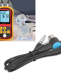 Pro Grade Ultrasonic Thickness Gauge Probe For Metal Testing With Auto Calibration Smart Sensor Wide Measuring Range Transducer Tester Replacement Probe For Precise Non Destructive Evaluation with connected cables and digital display.