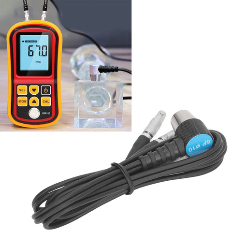 Pro Grade Ultrasonic Thickness Gauge Probe For Metal Testing With Auto Calibration Smart Sensor Wide Measuring Range Transducer Tester Replacement Probe For Precise Non Destructive Evaluation with connected cables and digital display.
