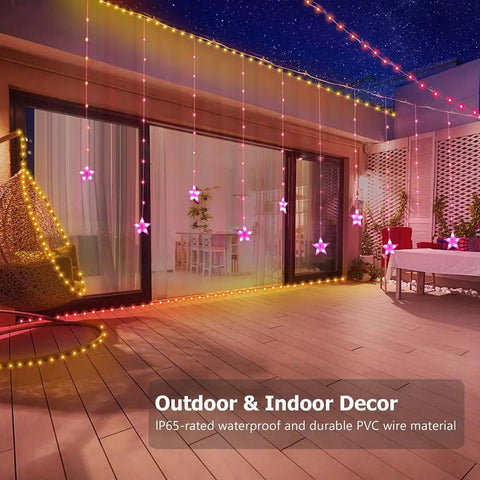 Outdoor use of Star Curtain Lights 10ft By 3.3ft RGB LED Color Changing String Fairy Lights With 130 LEDs And 10 Stars