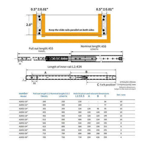 Detailed technical drawing of Rugged 12 Inch Full Extension Drawer Slides With Locking Mechanism 150 Lb Capacity with dimensions.
