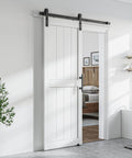 White Sliding Barn Door 30 By 80 Inches Made From MDF With Waterproof PVC Coating Pre Drilled Ready To Assemble Includes 5 Foot Black Sliding Door Hardware Kit And Handle H Frame Built To Last For Smooth Operation installed in a home interior