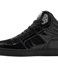 Side view of Clone Black Patent Silver Men's Skate Shoes Size 10 Medium With Reinforced High Abrasion Uppers.