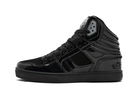 Side view of Clone Black Patent Silver Men's Skate Shoes Size 10 Medium With Reinforced High Abrasion Uppers.