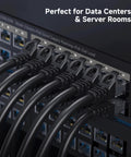 Cable Matters 10Gbps snagless Cat6 Ethernet cables, black, connected to a patch panel in a server rack.