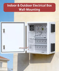 Beefy Vented Steel Electrical Enclosure Loaded With 12V Fan Thermostat Cooling Kit Nema 4X IP65 wall-mounted box open showing interior shelves.