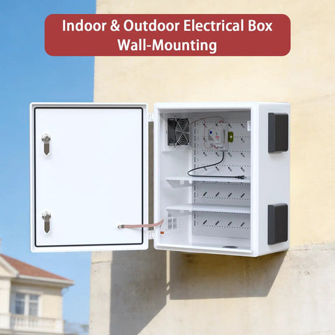 Beefy Vented Steel Electrical Enclosure Loaded With 12V Fan Thermostat Cooling Kit Nema 4X IP65 wall-mounted box open showing interior shelves.