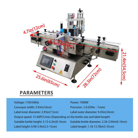 Heavy Duty Automatic Label Applicator With Chain Conveyor For Round Square Hexagonal Bottles Smooth Operator Touchscreen Control, 1900W.