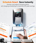 Beefy Level 2 EV Charger 48 Amp J1772 with NEMA 14-50 Plug shown with smart app interface on smartphone for remote control.
