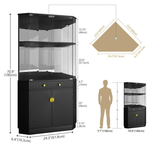 Diagram of 71 Inch Tall Corner Bar Cabinet With App Control And Motion Sensor LED Lighting Modern Liquor Display With Mirror Back And Glass Doors