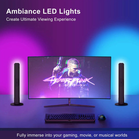 Lit RGB LED Smart Light Bars For TV And PC Backlighting, Gaming Lights With WiFi Ambient beside monitor, pink and blue glow