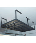 Overhead Garage Storage Rack With Oversized 8 Foot By 4 Foot Platform And Adjustable Height From 23 To 37 Inches For Heavy Duty Garage Organization And 750 Pound Weight Capacity Keeps Your Floor Clear, installed on ceiling.