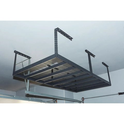 Overhead Garage Storage Rack With Oversized 8 Foot By 4 Foot Platform And Adjustable Height From 23 To 37 Inches For Heavy Duty Garage Organization And 750 Pound Weight Capacity Keeps Your Floor Clear, installed on ceiling.
