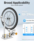 Pro Grade Wheel Truing Stand For Bikes With Gauges And Repair Tool Kit, heavy-duty aluminum and steel stand, wheel compatibility