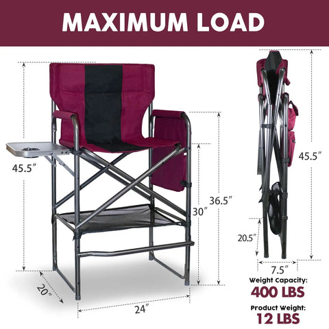 Bar Height Director Chair With Side Table 400 Lb Capacity Portable Folding Chair For Makeup Artists And Outdoor Events Cup Holder And Detachable Footrest Wine Red And Black with dimensions and maximum load details.
